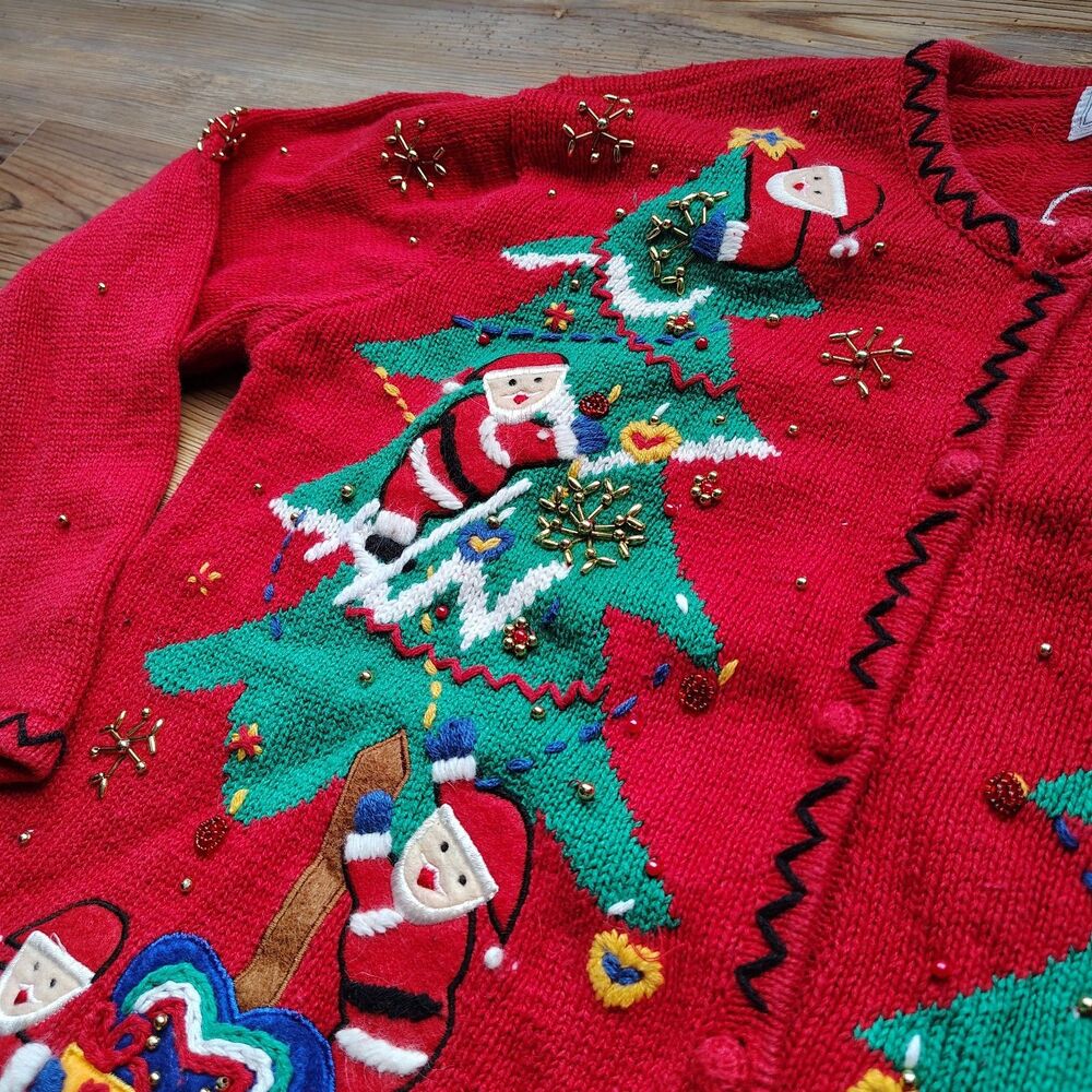 Vintage Christmas Cardigan Sweater Size M Santa Claus Tree Embellished Retro - Picture 3 of 12